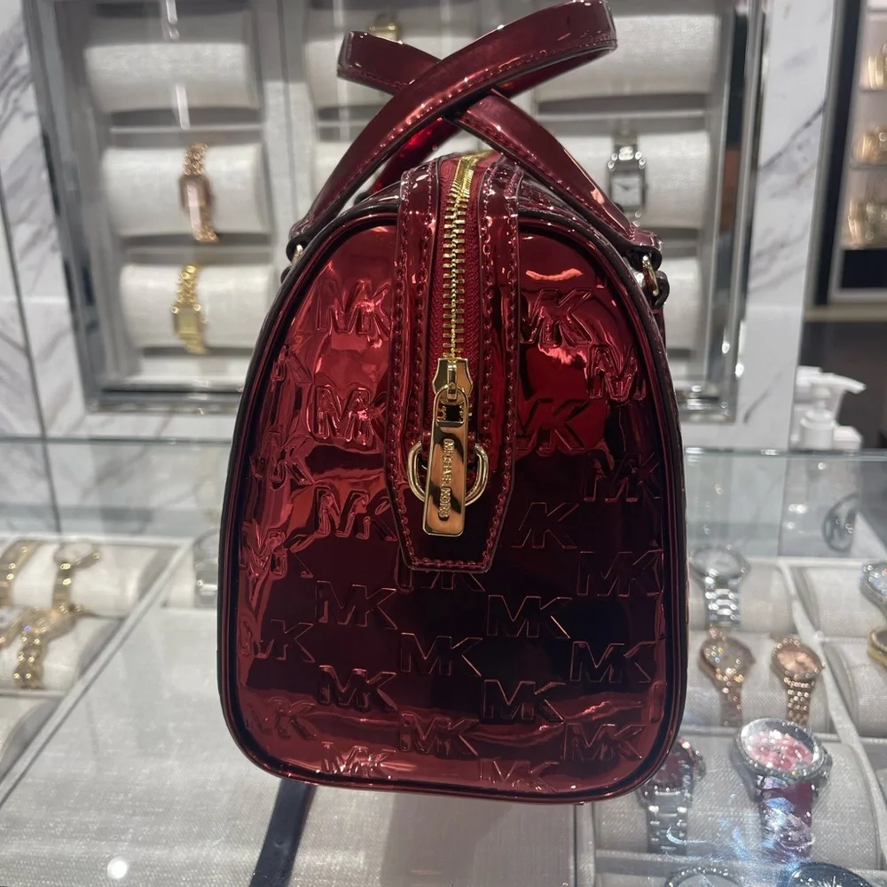 MICHAEL KORS Jet Set Medium Metallic Logo Debossed Satchel Cherry  NWT